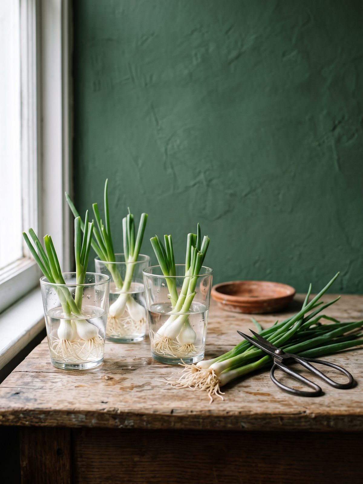 Pots of green onions regrown on a sunny windowsill