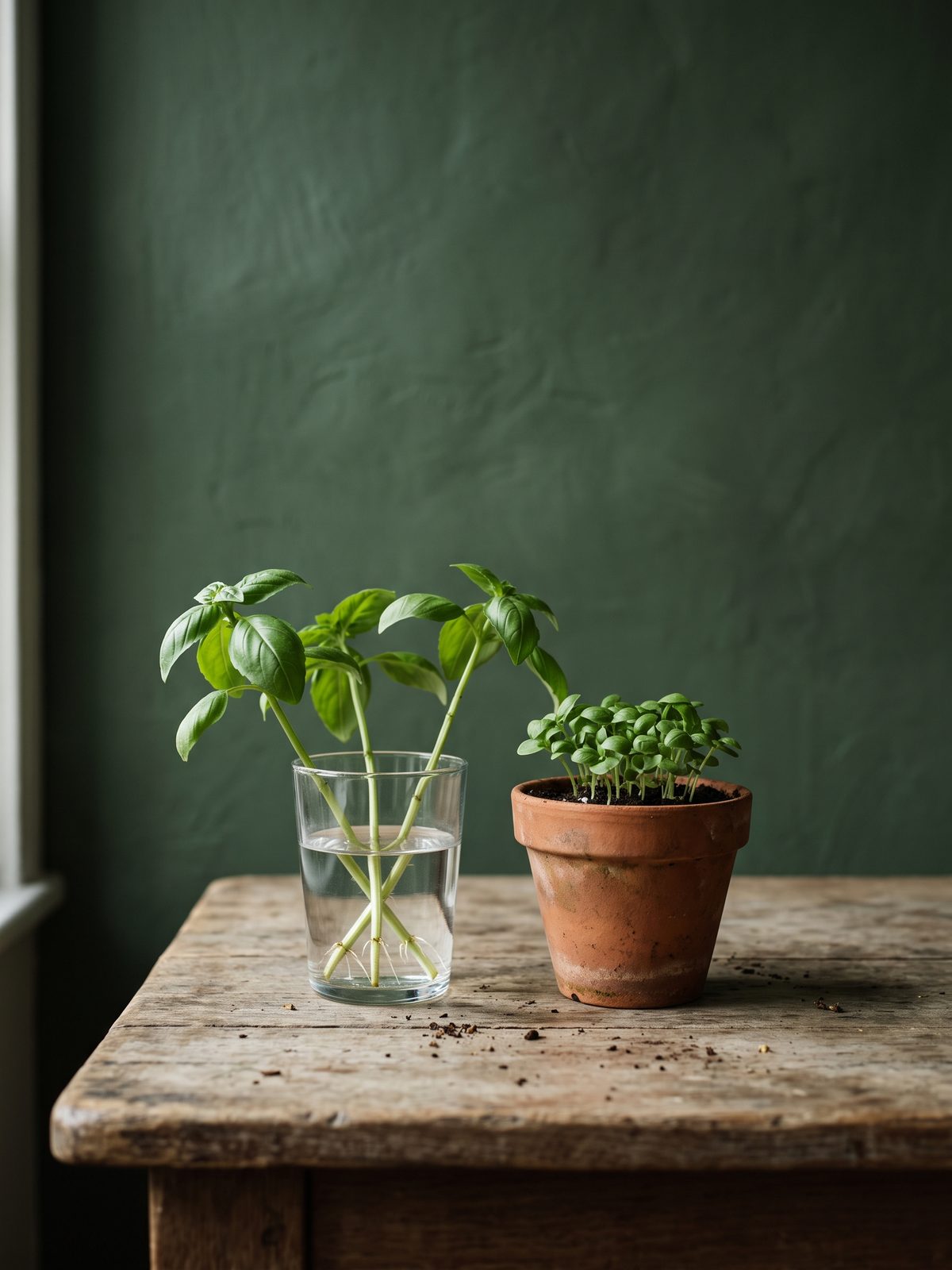 A basil stem rooting in a glass of water