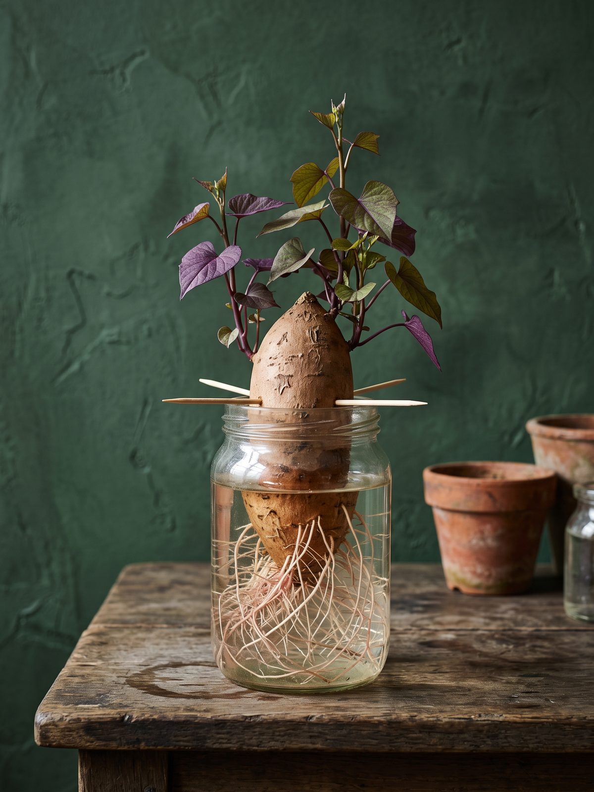 Hands setting a sweet potato over a jar of water with toothpicks
