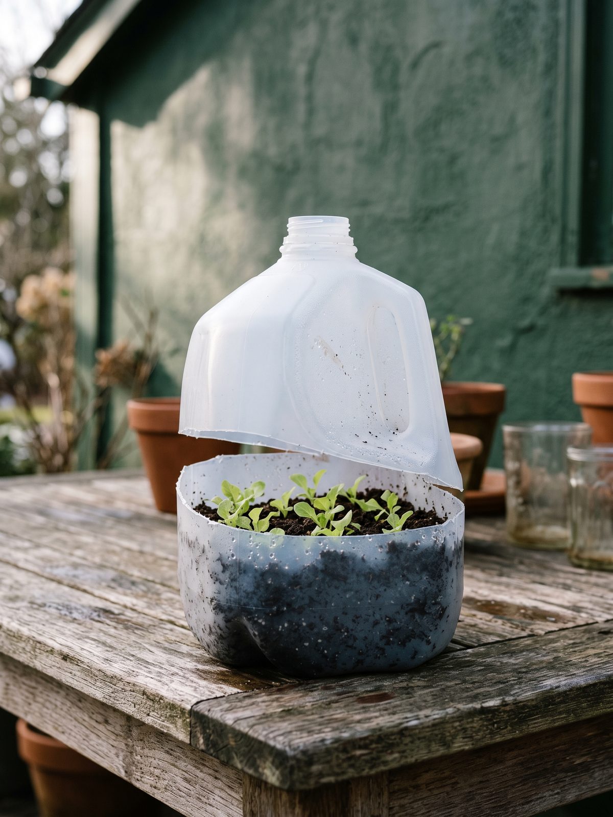 A cut milk jug with young seedlings growing inside