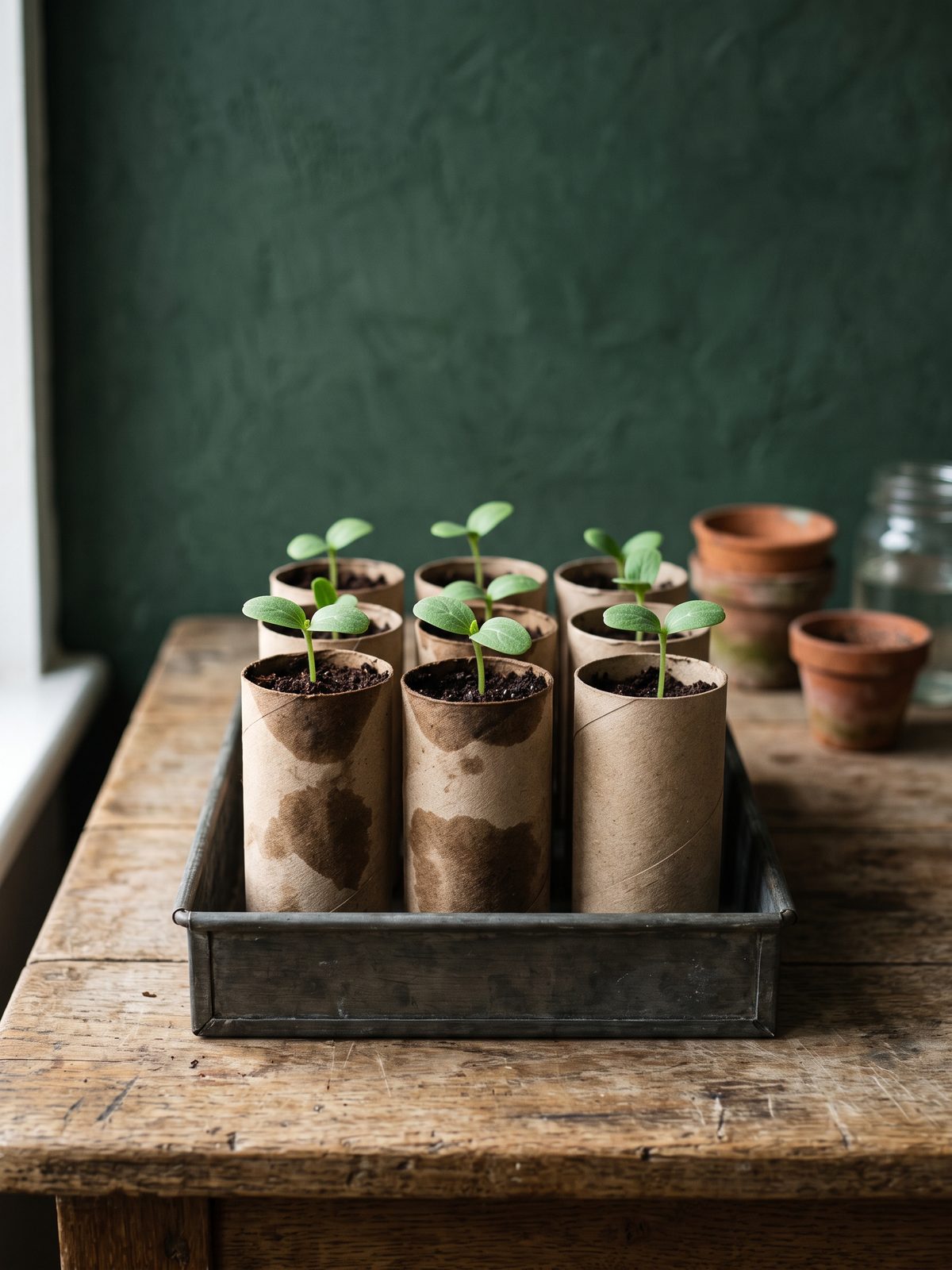 Cucumber and melon seedlings in cardboard tubes