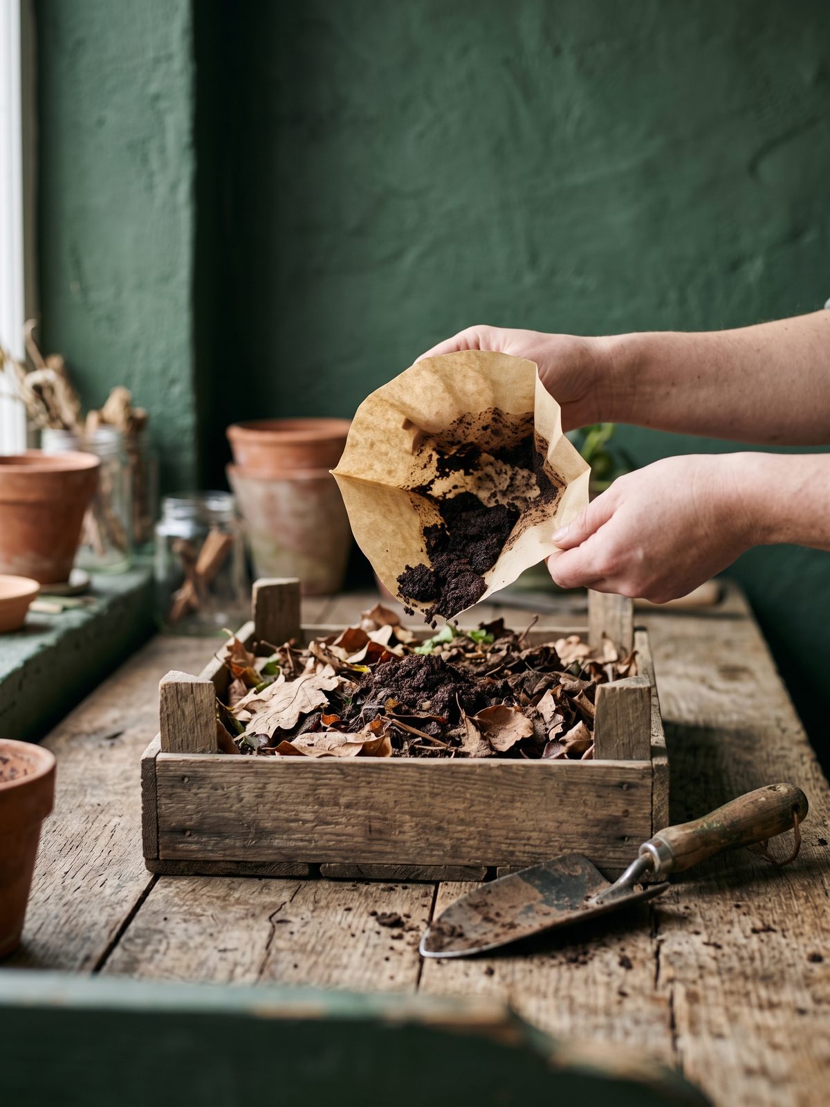 Used coffee grounds tipped from a paper filter onto a compost bin of leaves