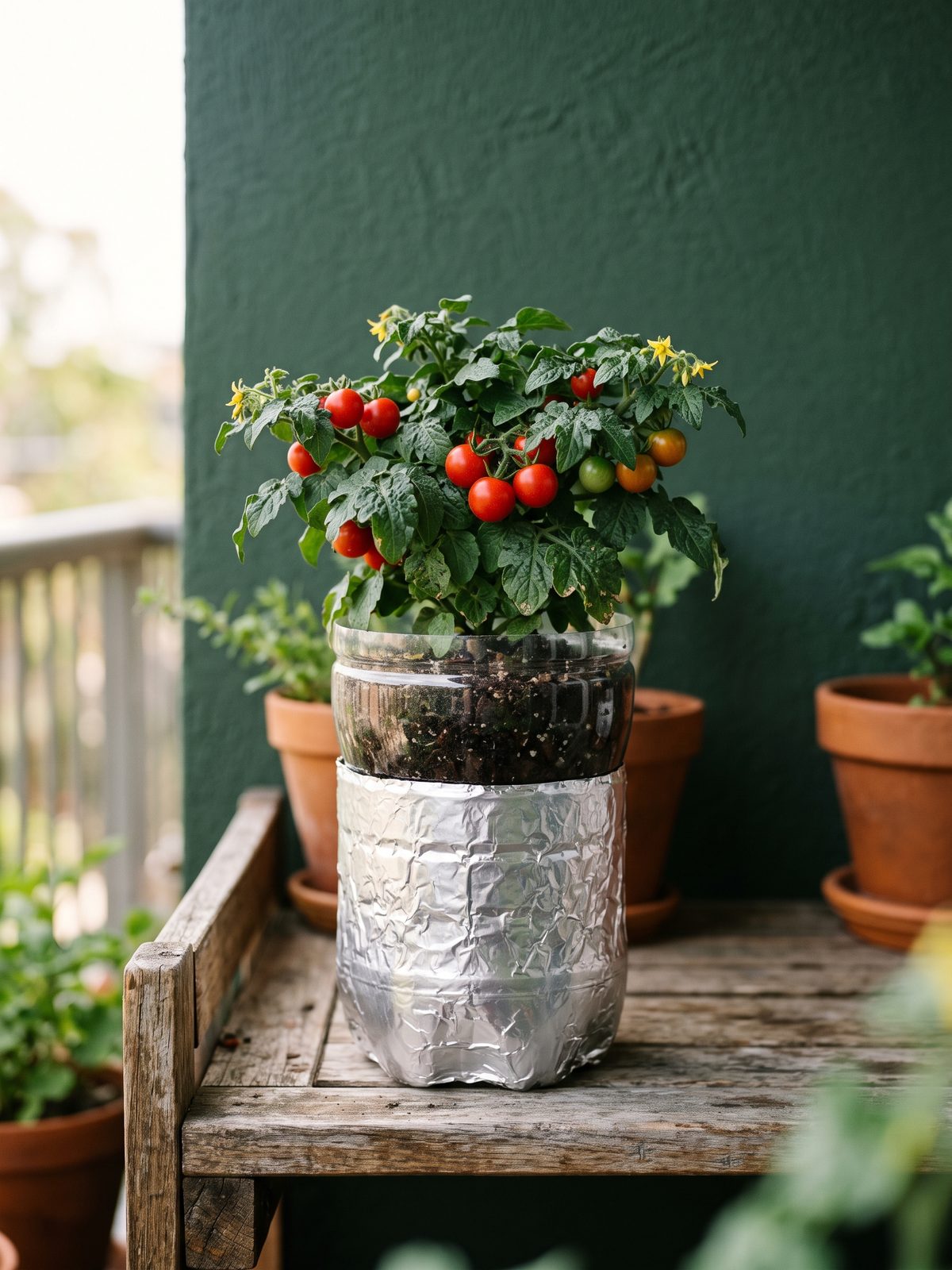A tomato plant in a foil-wrapped bottle on a balcony railing