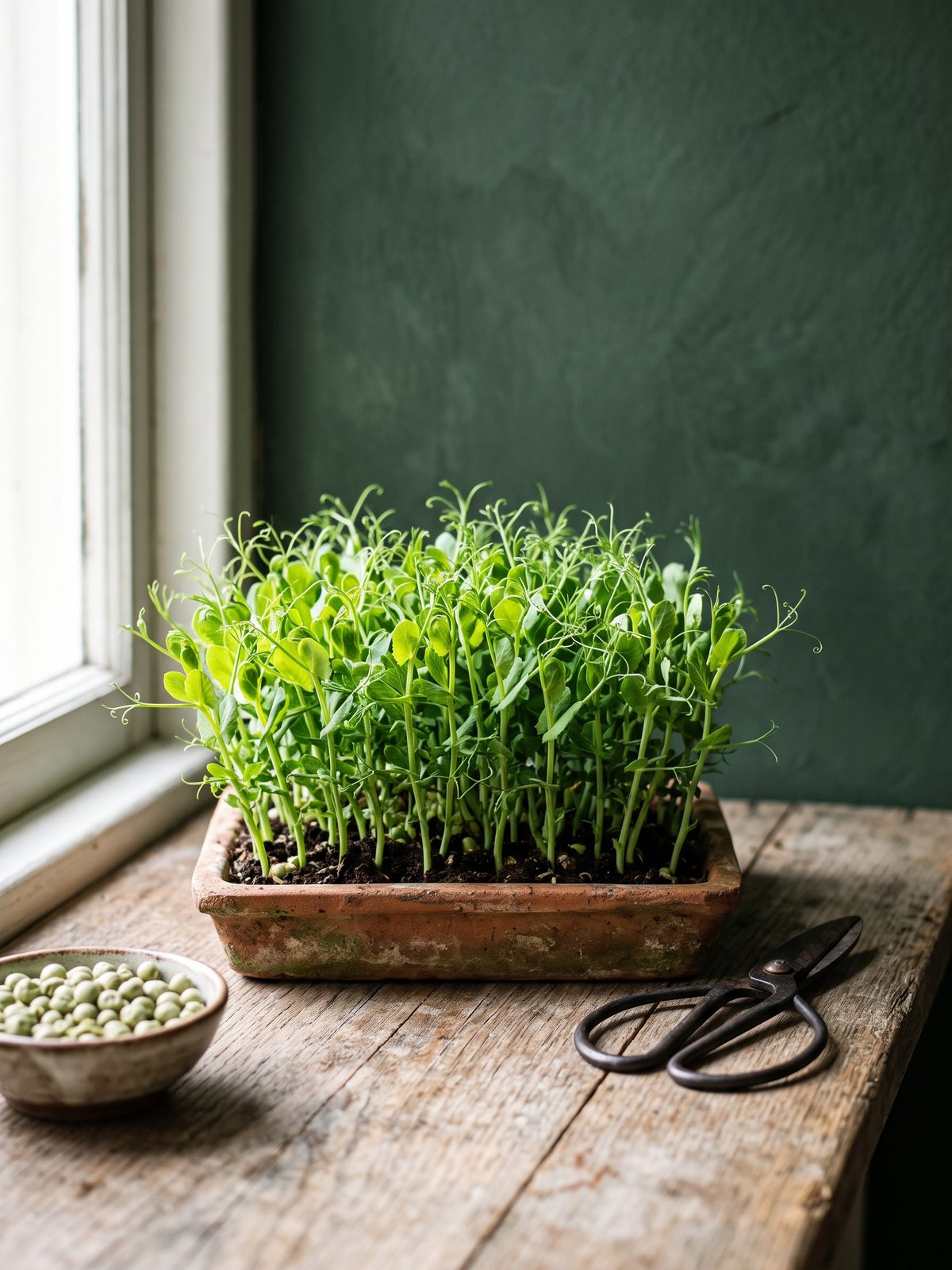 A tray of fresh pea shoots