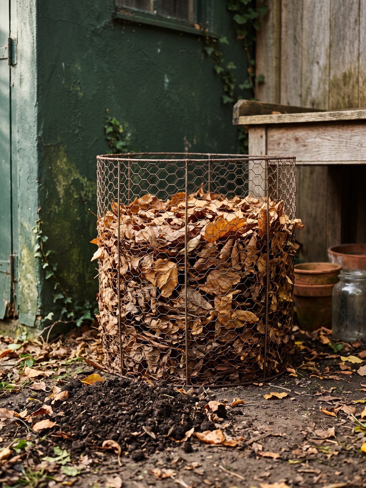 A chicken-wire bin full of fallen leaves, dark leaf mold in front