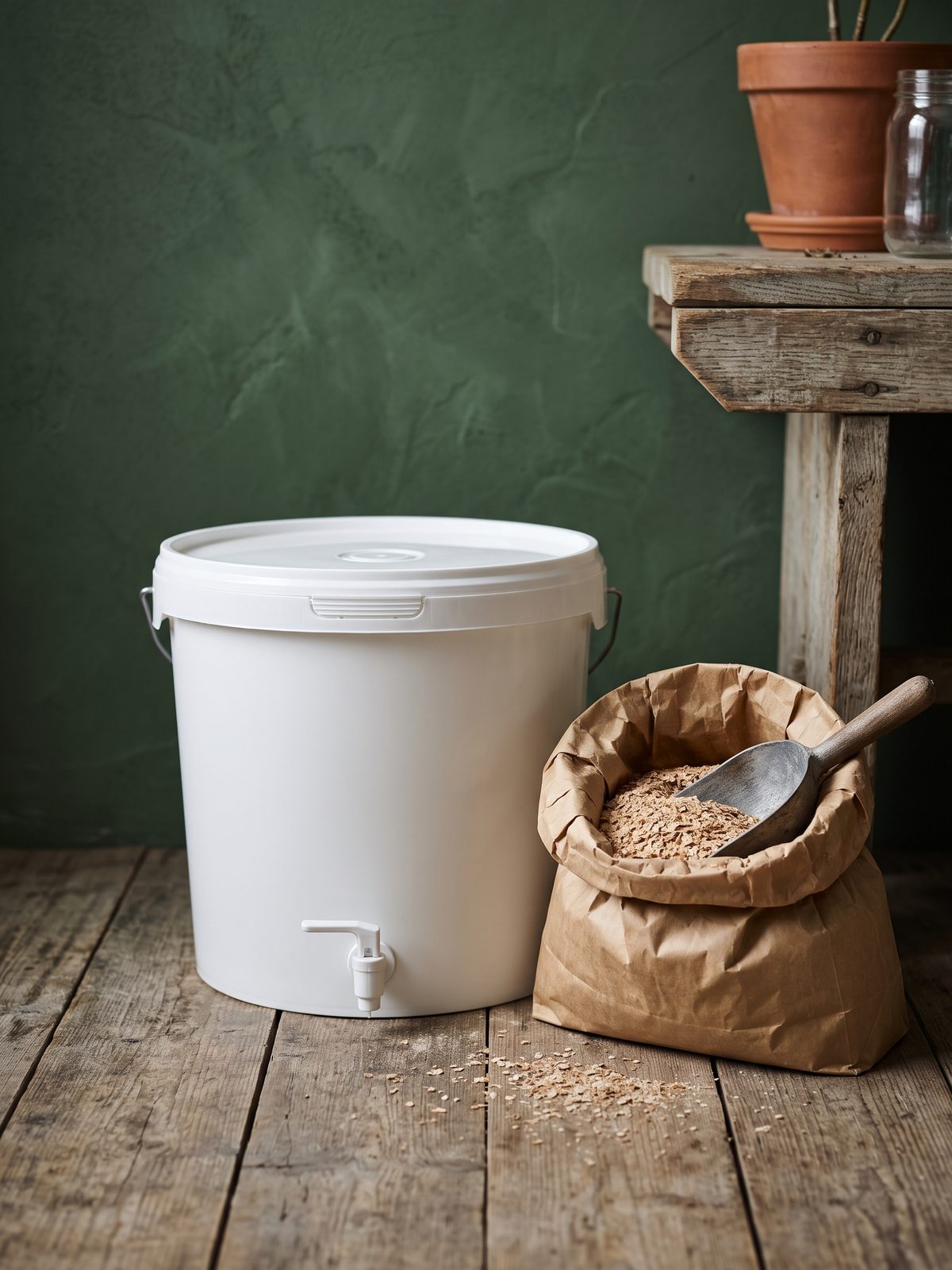A bokashi bucket with its tap beside a bag of bran