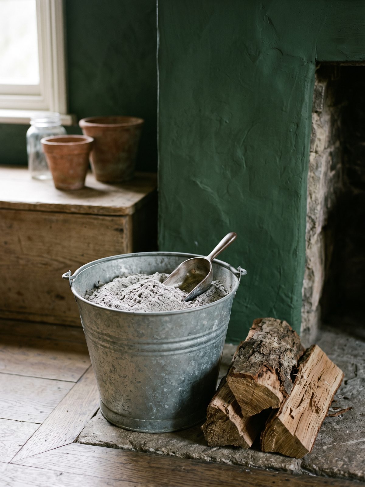 A metal bucket of wood ash with a scoop beside split firewood