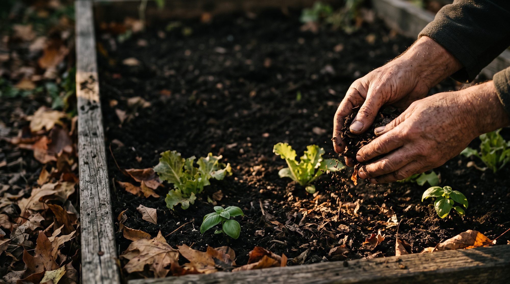 A weathered hand scattering dark leaf mold around young seedlings