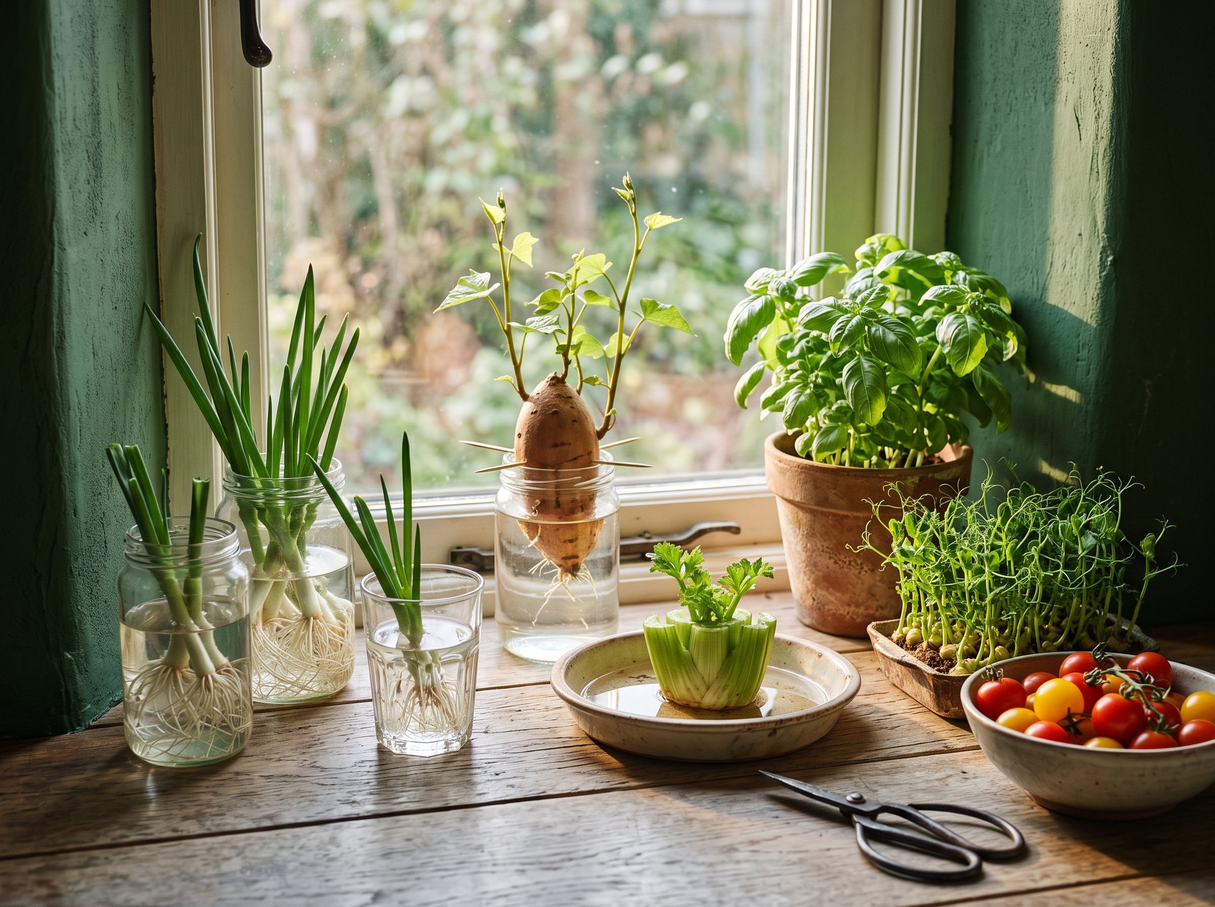 A sunny kitchen windowsill full of food grown from scraps: green onions in glasses, a sweet potato sprouting, basil, pea shoots and a bowl of cherry tomatoes