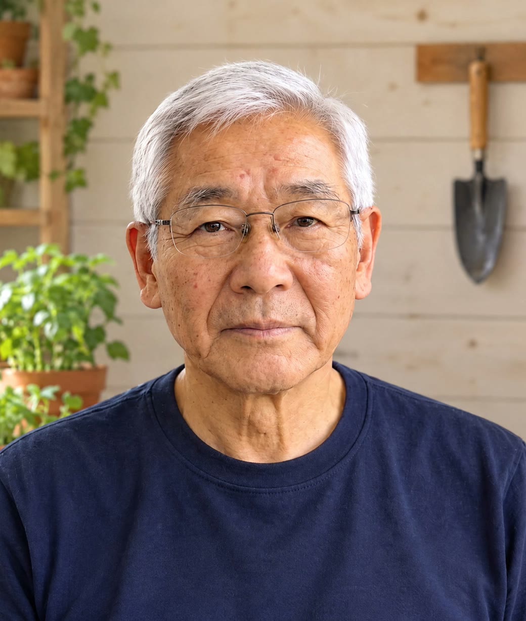 Masao Kobayashi in his potting shed, with herbs and garden tools behind him